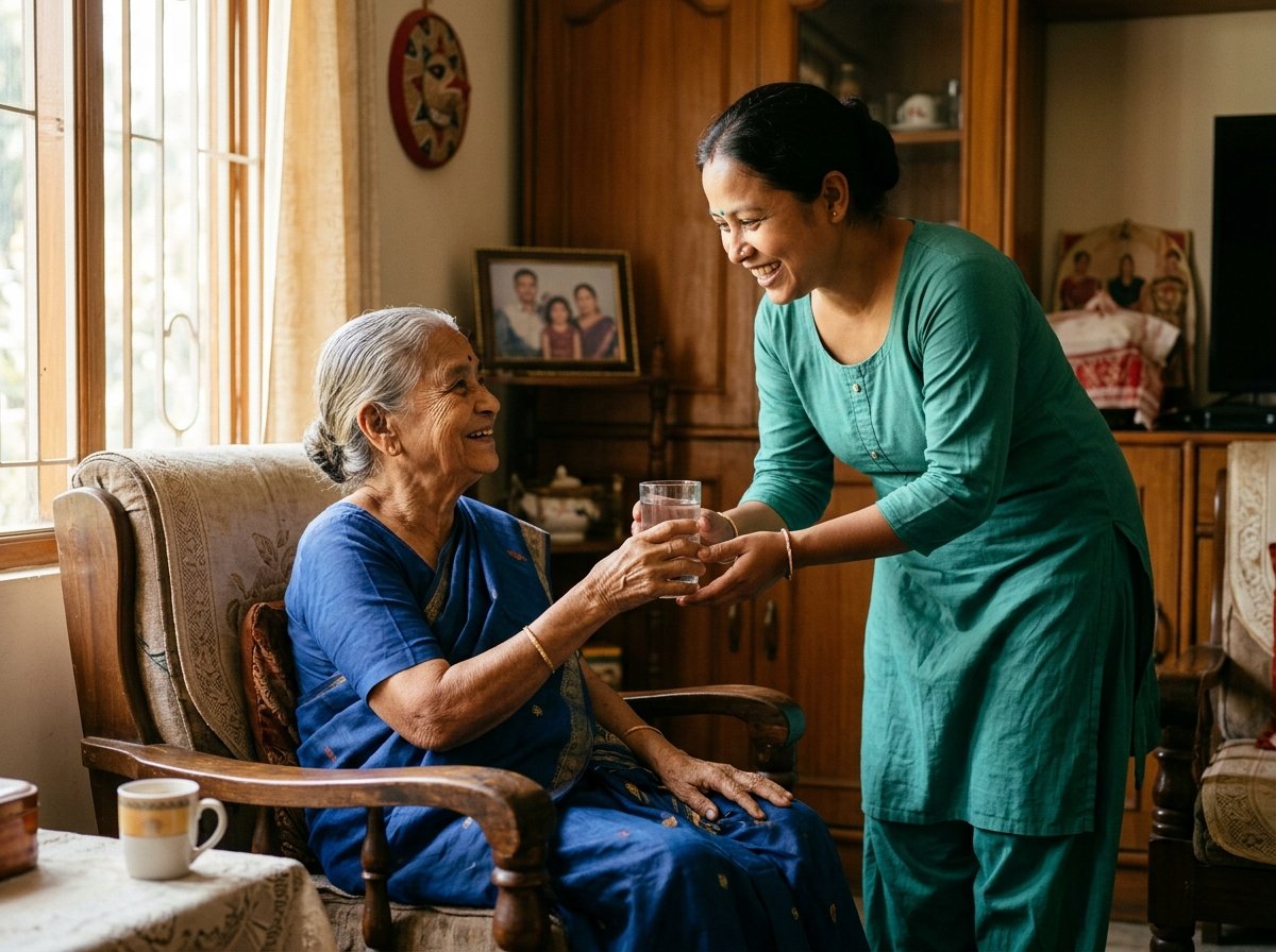 Caregiver greeting a senior client warmly in Guwahati